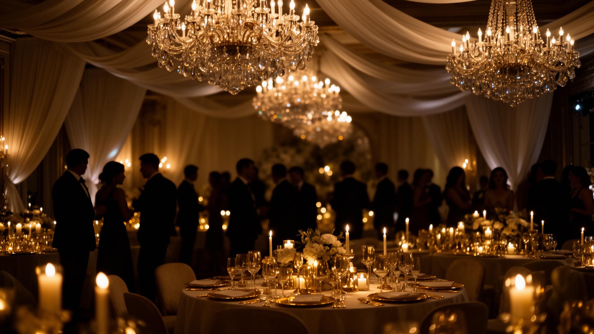 Luxury wedding ballroom with crystal chandeliers